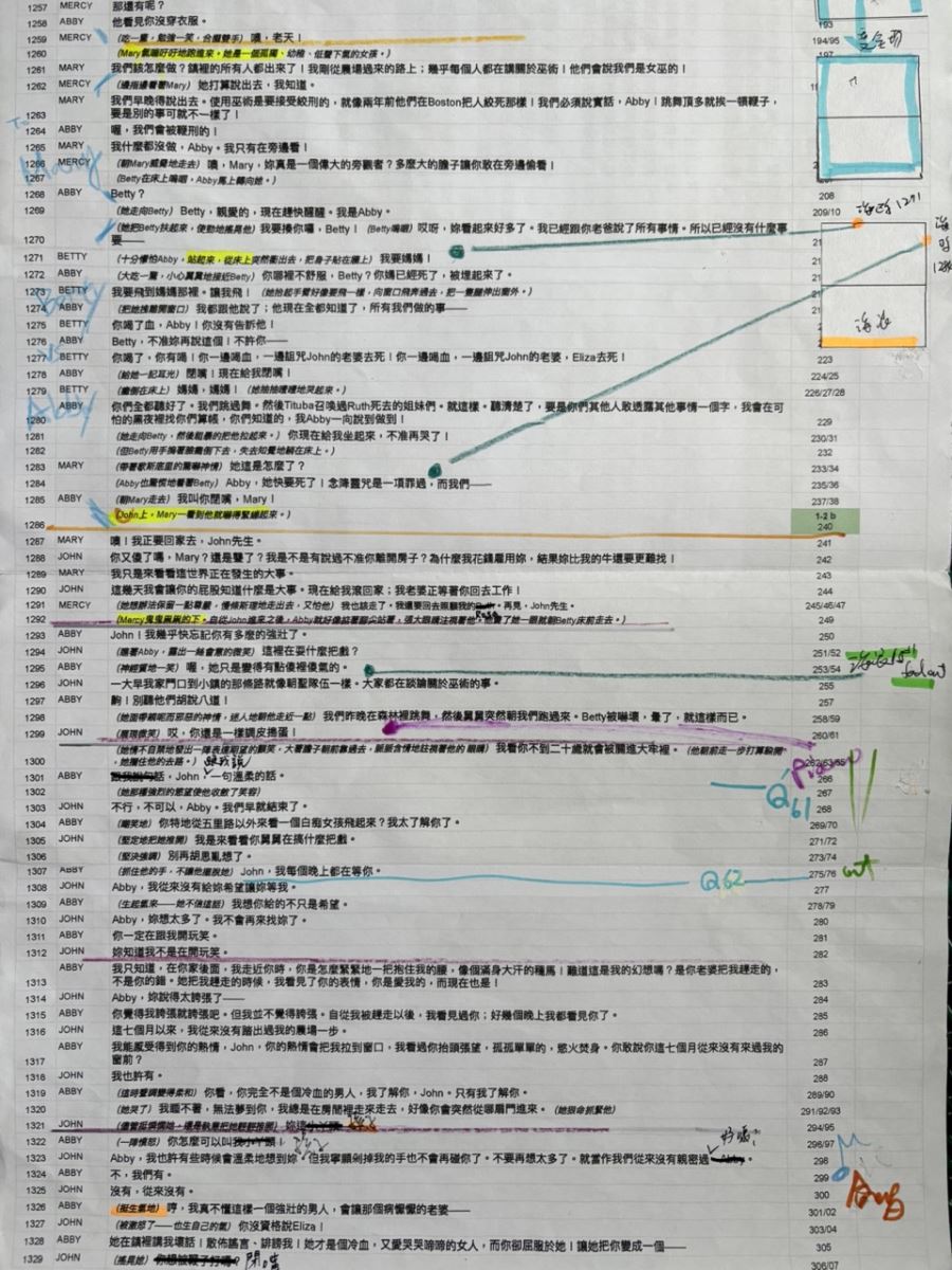 圖二、嘉明老師排練用劇本標示了音效、音樂、合唱進來的時刻， 連音場要從哪個方位播放都畫下來。（攝影：王若涵）