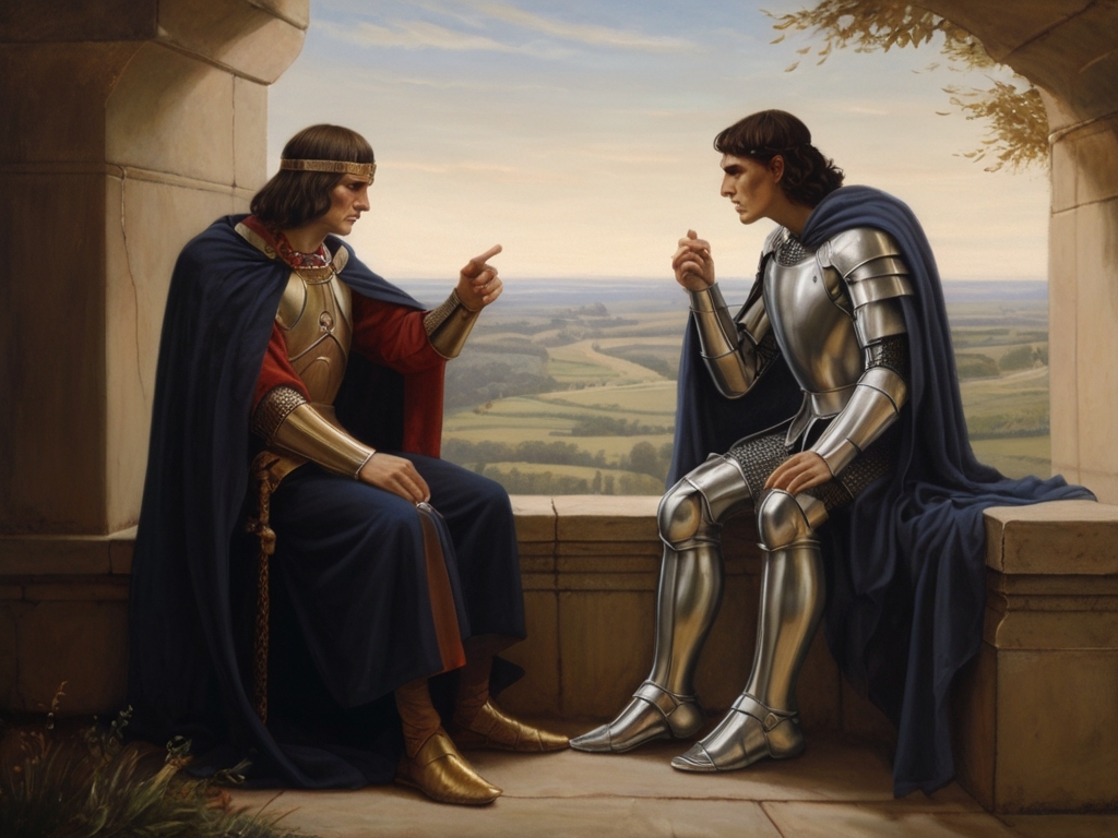 prompt：Oedipus the King and Richard III sat with their backs against each other on the parapet, gazing at the distant scenery.